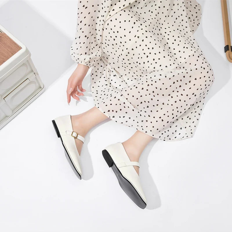 Mary Jane Shoes Female Genuine Leather 2026 New Snap Ballet Shoes Women Square Toe Flat Cowhide Ladies Shoes