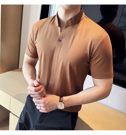 Men's High Elastic V-neck Polo Shirt, Thin Short-sleeve T-shirt, Business Casual Men's Top, 2024 High Quality, M-4XL.