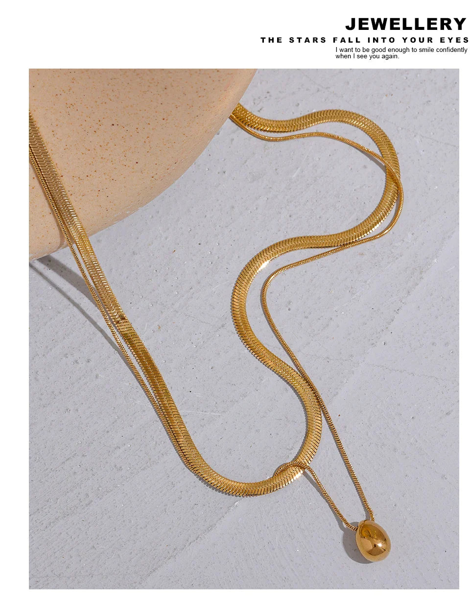Snake Chain Double Layer Stainless Steel Water Drop Pendant Necklace for Women Statement 18k Gold Color Jewelry Waterproof