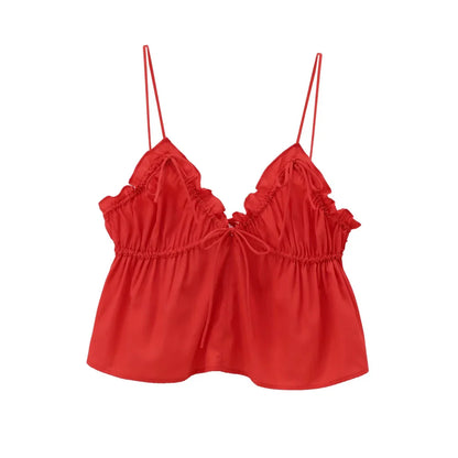 Women's Sexy Fashion Bow Tied Ruffled V-Neck Tank Top Thin Straps Backless Camisole Female Mujer