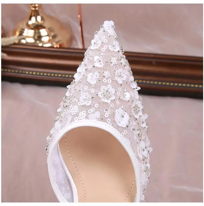 Size 34-42 2025 Summer Beaded High Heel Wedding Shoes Women Lace Mesh Party Dress Shoes