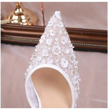 Size 34-42 2025 Summer Beaded High Heel Wedding Shoes Women Lace Mesh Party Dress Shoes