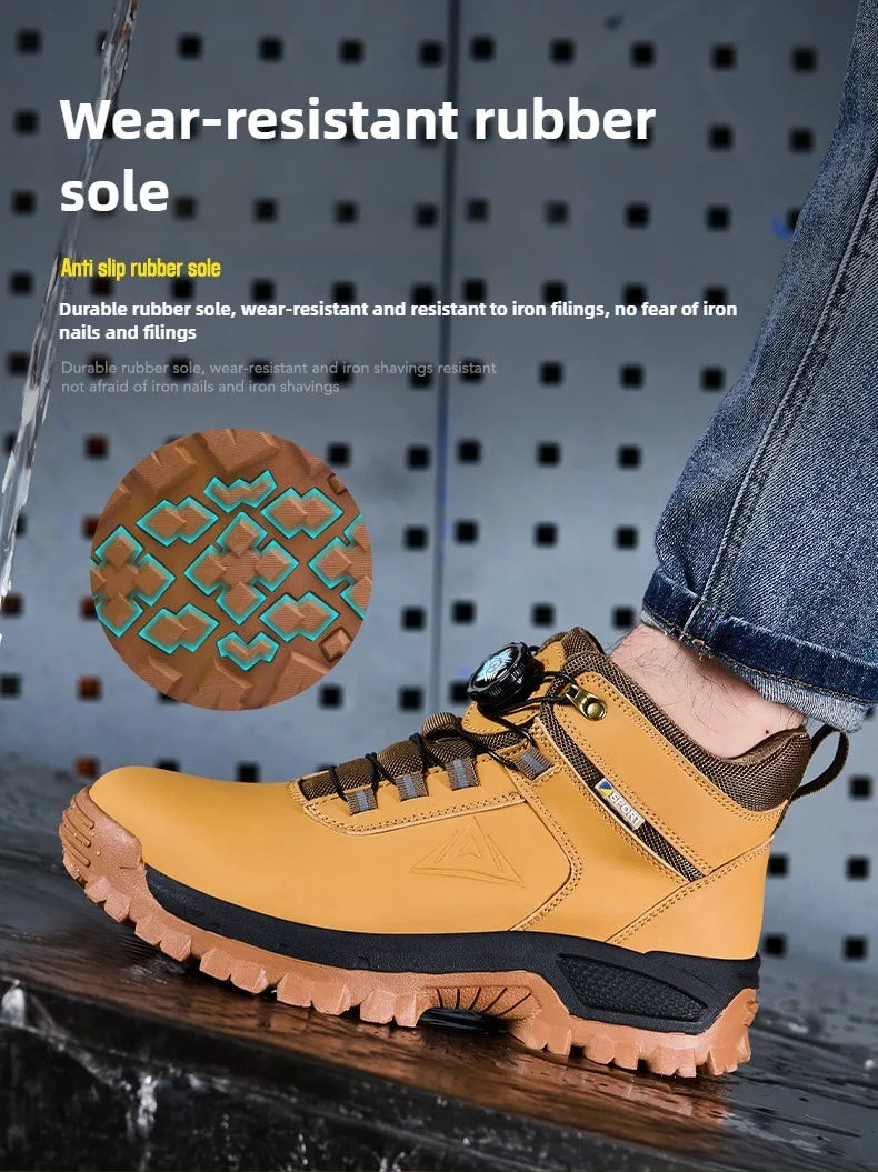 Brown Waterproof Safety Boots Men Indestructible Steel Toe Work Boots Anti-smash Stab-resistant High-top Knob Adjustable