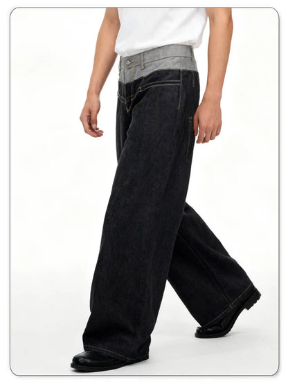 Men's Retro Personalized Double Waist Design Loose Wide Leg Jeans Street Design Denim Pants Gothic Baggy Machete Wide Leg Jeans