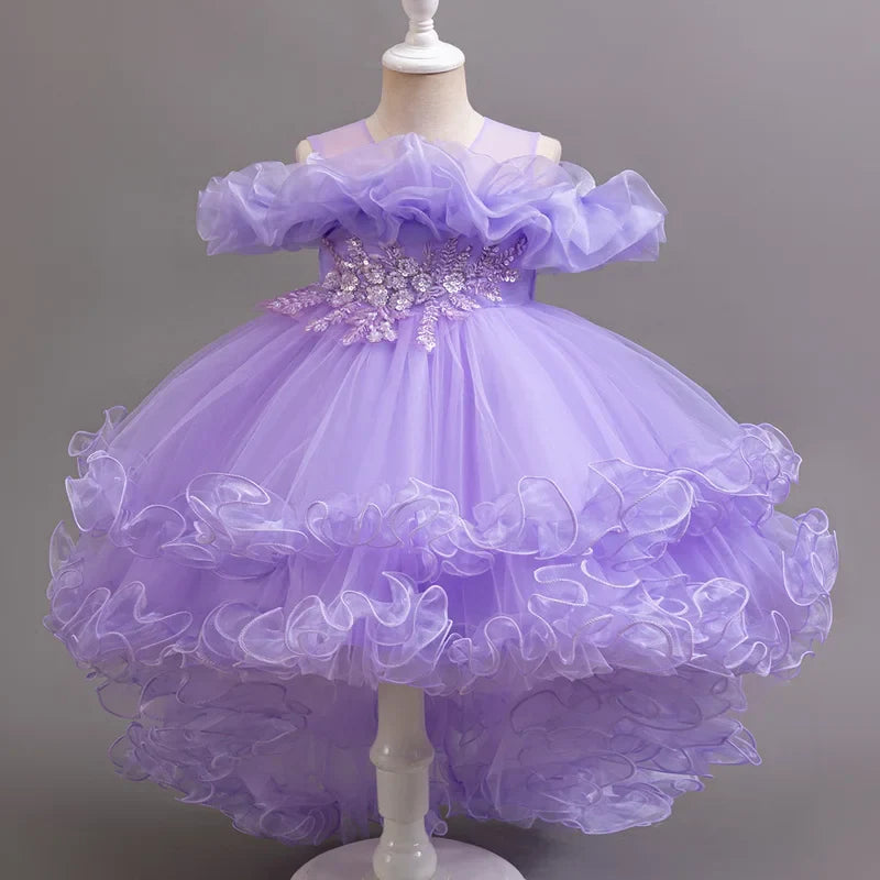 Purple Flower Bridesmaid Princess Dress For Girls Children Costumes Trailing Party Dresses Girls Dress Beaded Wedding Gown