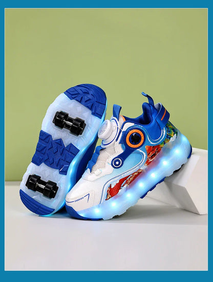 Children Four Wheels Luminous Glowing Sneakers Black Pink Led Light Roller Skate Shoes Kids Led Shoes Boys Girls USB Charging