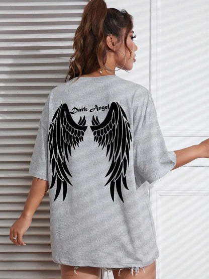 Camisetas estampadas de asa de anjo preta venda quente para mulheres, roupas largas oversized, camiseta de rua hip hop, algodão, manga curta