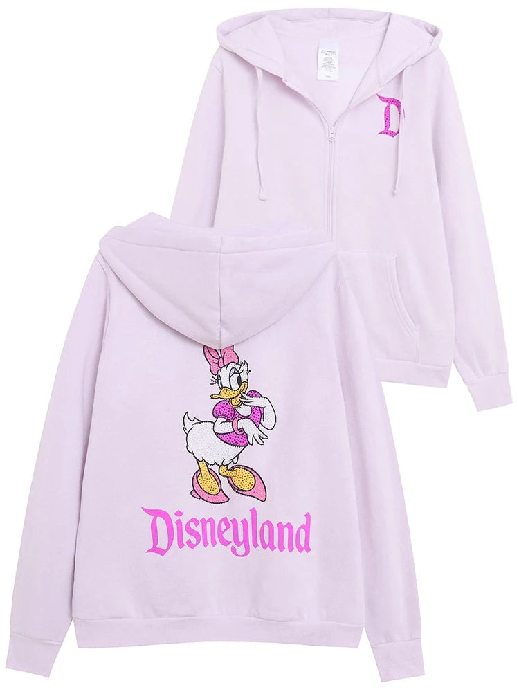 Donald Duck Letter Diamonds Fleece Sweatshirt Jacket Unisex Women Hooded Zip Up Jumper Tops