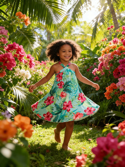 Girls' vacation style cross shoulder strap dress with tropical plant pattern pleated skirt lively and fresh beach travel