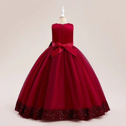 Teen Girls Luxury Big Bow Evening Gown Wedding Bridesmaid Party Dress For Girl Kids Sequin Princess Birthday Dresses Summer Wear