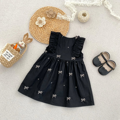 Summer Girls Dress Children's Clothing Bow Embroidered Flower Collar Girl's Dress Cartoon Printed Flying Sleeves Princess Dress