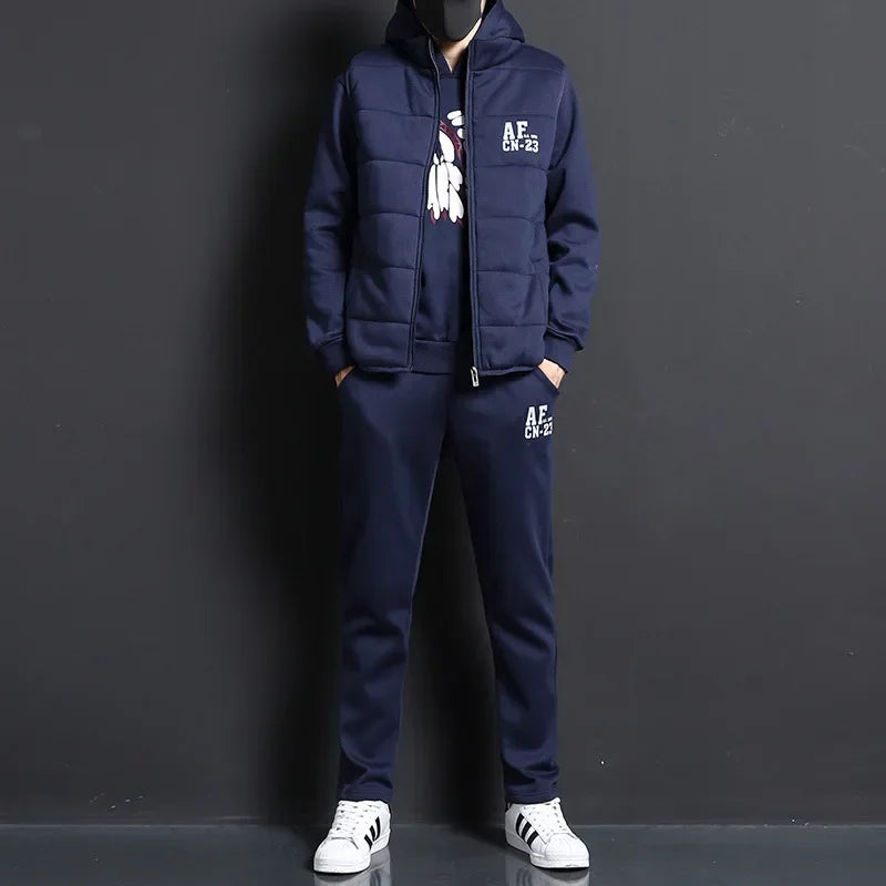 3 Pieces Set Hoodies+Vest+Pants Casual Track Suit Clothing Coats Winter Thick Warm Tracksuit for Couple Printed Mens Set Vest