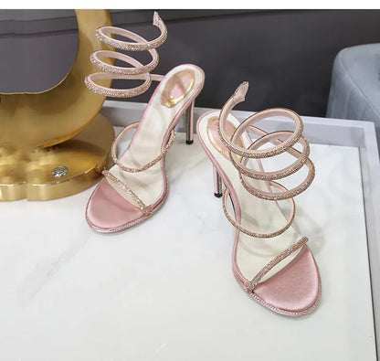 Luxury Rhinestones Snake Coiled Stiletto Heeled Women Gladiator Sandals 2024 Summer Silver Sole High heels Banquet Wedding Shoes