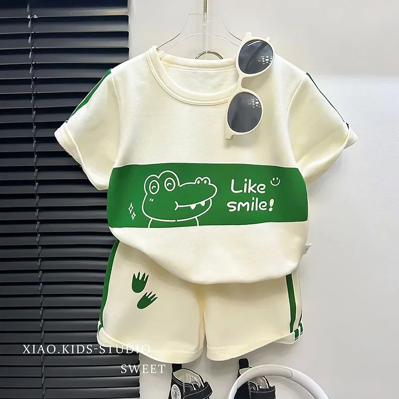 2026 New Kids Short Sleeve Suit Striped Girls Boys Set Summer Tops +short Baby Clothes Children's Wear