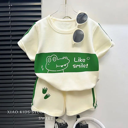2026 New Kids Short Sleeve Suit Striped Girls Boys Set Summer Tops +short Baby Clothes Children's Wear