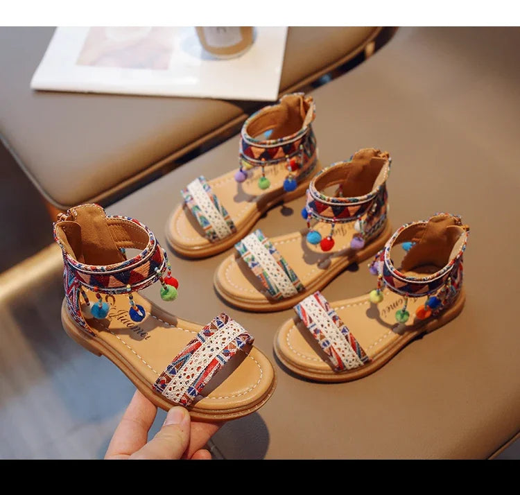 Ethnic Style Simple Children Roman Shoes 2024New Soft Breatheable Flats Open-toe Kids Shoes Non-slip Girls Sandals GLADIATOR