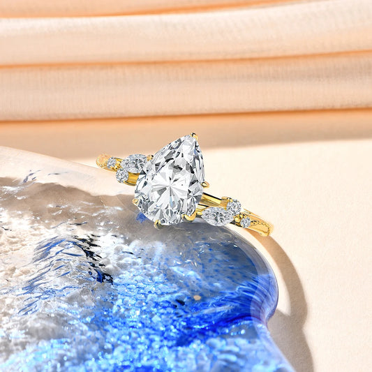 Full Moissanite Ring 7*10mm 2.0CT DVVS1 Pear Shape S925 Sterling Silver For Women Engagement Bride Vintage Jewelry Gift
