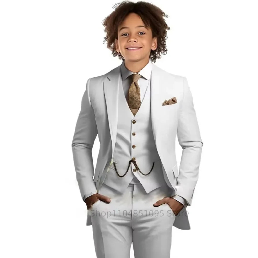 Khaki Boys Suit 3 Piece Groom Tuxedo Notch Lapel Jacket Pants Vest Wedding Party Birthday Gift Kids Slim Fit Blazer Child Suits