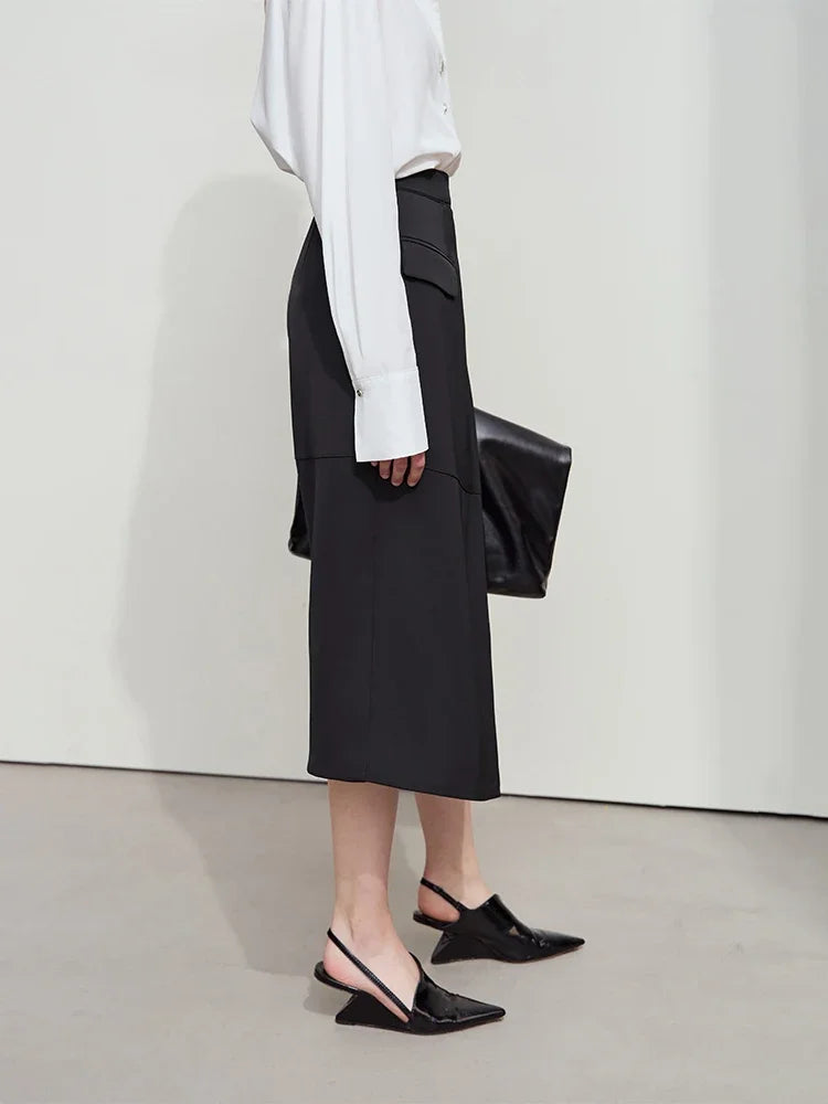 Minimalist 2025 Autumn Midi Skirts Women Commute Elegant Office Lady Versatile Asymmetrical Drape Straight Skirt 12521006