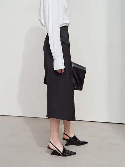 Minimalist 2025 Autumn Midi Skirts Women Commute Elegant Office Lady Versatile Asymmetrical Drape Straight Skirt 12521006