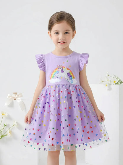 2026 Korean Style Girls Summer Unicorn Print Dress Short Sleeve Tulle Princess Gown Kids Casual Party Clothes for South Korea