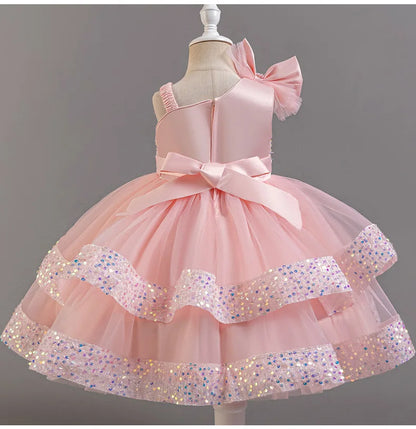 Girl's New Sequined Bow Irregular Collar Mesh Princess Dress Christmas Birthday Party Sweet and Cute Evening Dress