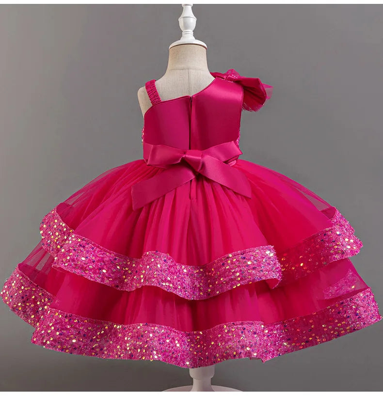 Girl's New Sequined Bow Irregular Collar Mesh Princess Dress Christmas Birthday Party Sweet and Cute Evening Dress