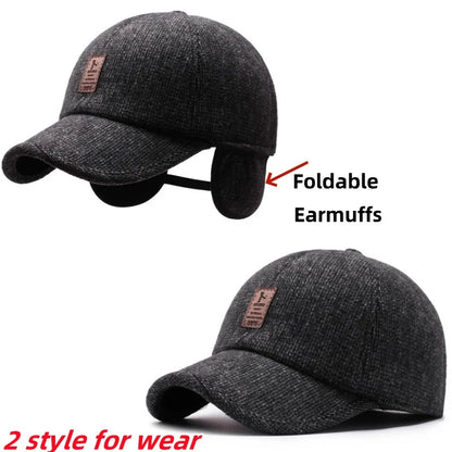 Autumn Winter Warm Men Woolen Baseball Cap Outdoor Ear Cover Earflaps Adjustable Hat Middle-aged Dad Hat With Earmuffs Design