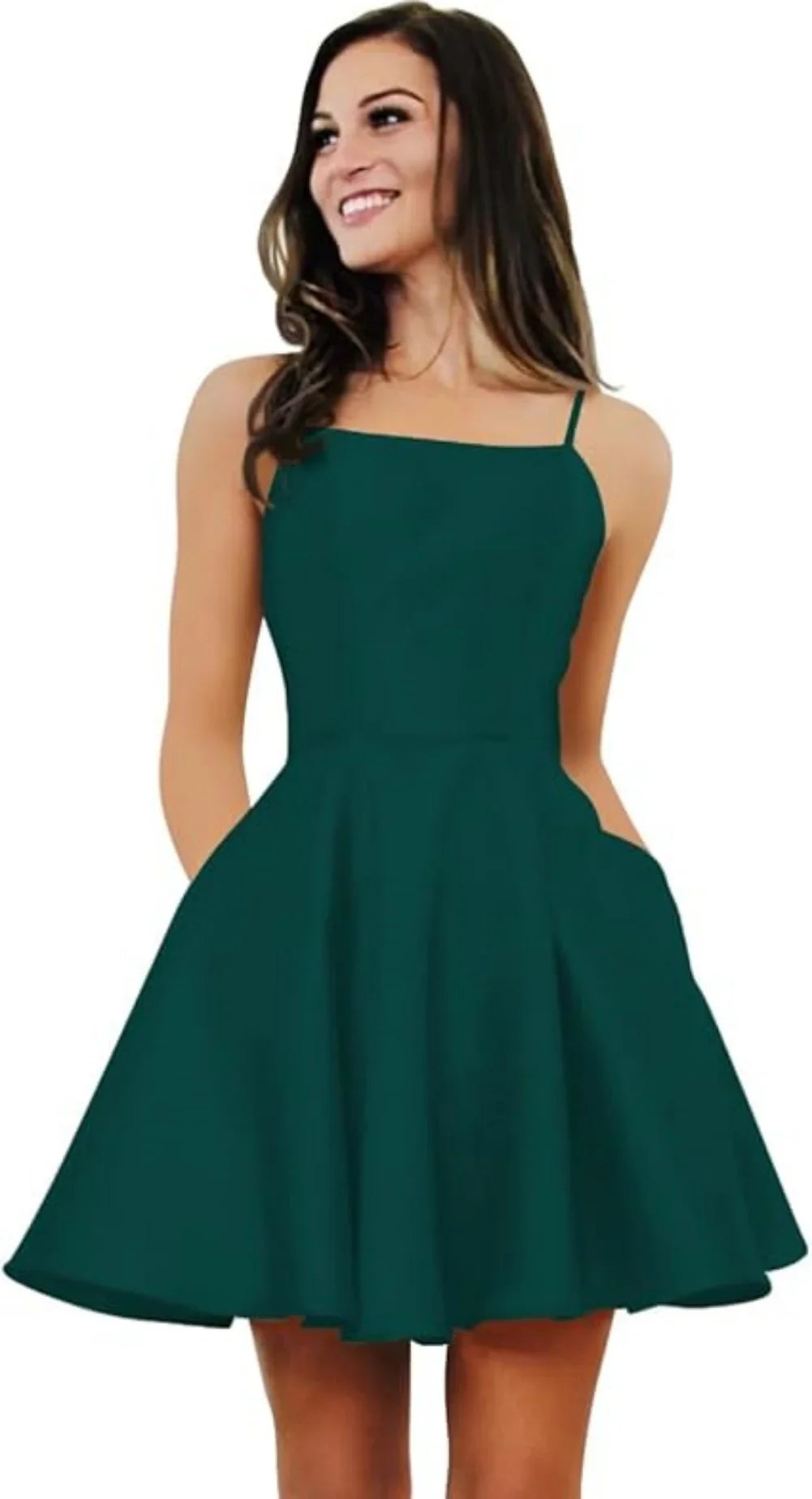 Short Homecoming Dresses for Teens With Pockets Spaghetti Straps Satin Prom Dress for Women A-line Knee Length Party Dress