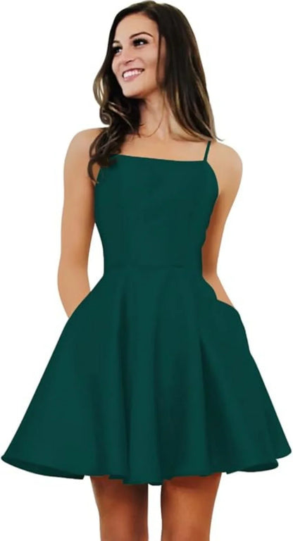 Short Homecoming Dresses for Teens With Pockets Spaghetti Straps Satin Prom Dress for Women A-line Knee Length Party Dress