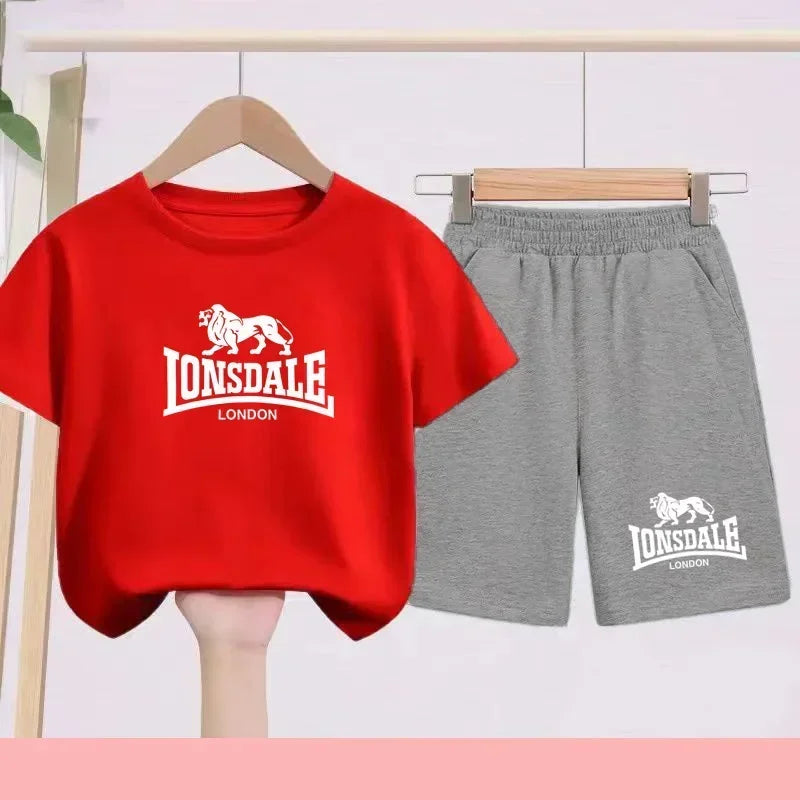 Lion Alphabet Print Kids Summer T-shirt Boys Girls Toddlers 3-12 Years Top+ Shorts 2P Outdoor Sports Clothes Fashion Leisure Set