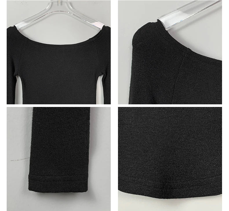 Camiseta Feminina Sexy com Decote Canoa de Algodão Manga Longa Cropped Tee Camiseta Feminina Slim Preta Branca Tops 2026