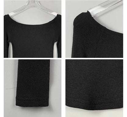 Camiseta Feminina Sexy com Decote Canoa de Algodão Manga Longa Cropped Tee Camiseta Feminina Slim Preta Branca Tops 2026