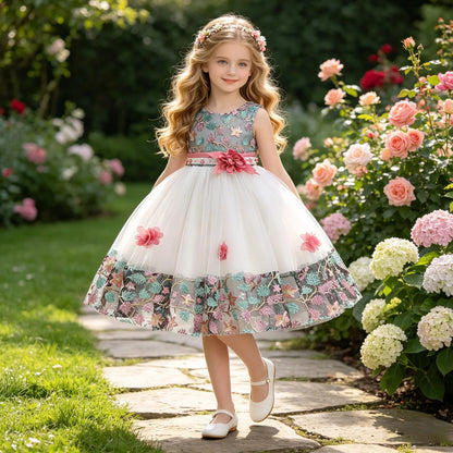 Vestidos de dama de honra de festa de flores de verão para meninas, vestido elegante de baile de casamento de tule de aniversário, vestido de princesa de noite para meninas, fantasias de Natal