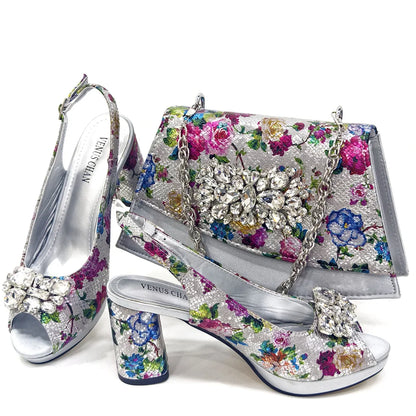 Italian Sandals and Bags Matching Set Women Heel Party for Gold Colour Wedding Bigger Size Thick Heel Shoes