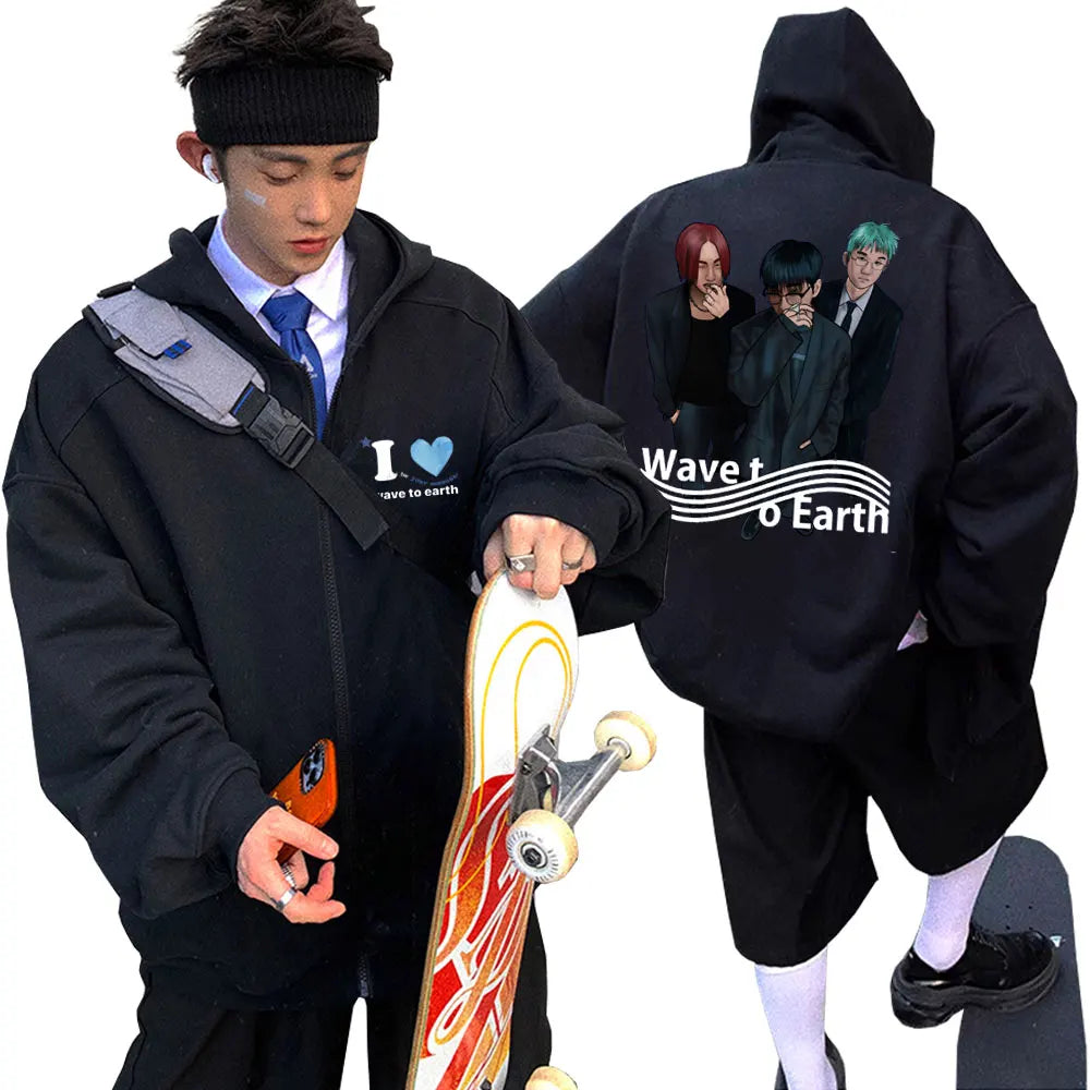 Korean Band Wave To Earth Print Zipper Hoodie Men's Casual Oversized Zip Up Jacket Men Women Hip Hop Fashion Y2k Zip Up Hoodies