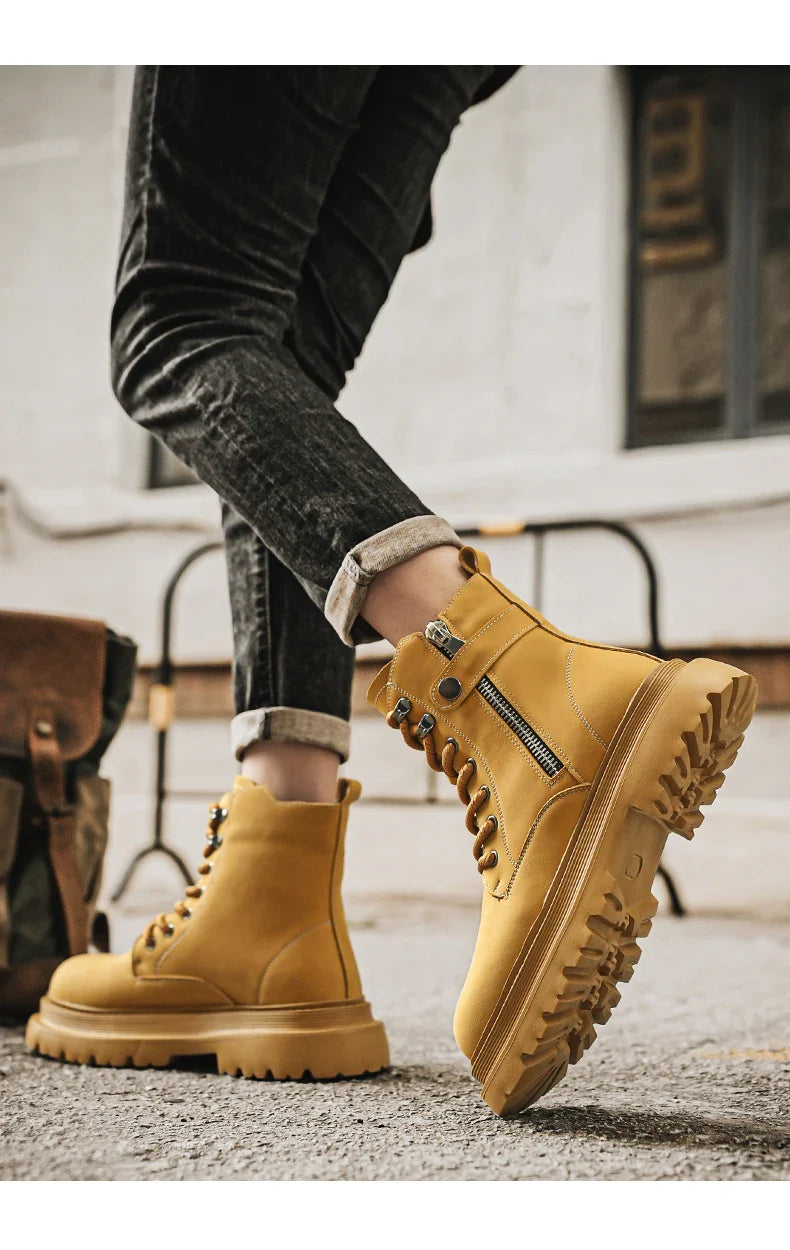 Men's Boots 2024 Autumn Thick Soled Zipper Lace-up Korean Belt Buckle Height Increasing Comfort High Top British Sports Boots