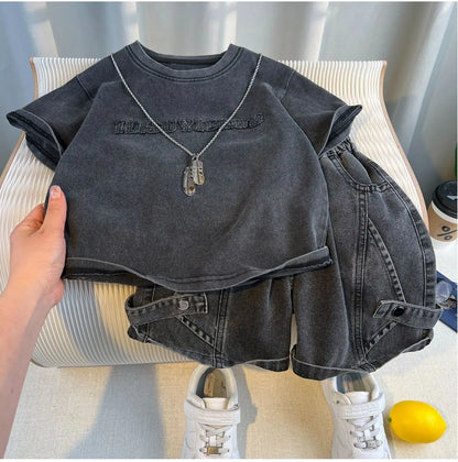 Set Kid Boy 2025 Summer New Style Cotton Letter Embroidered T-shirt Black Jeans Fashion Streetwear Daily Sporty Korean