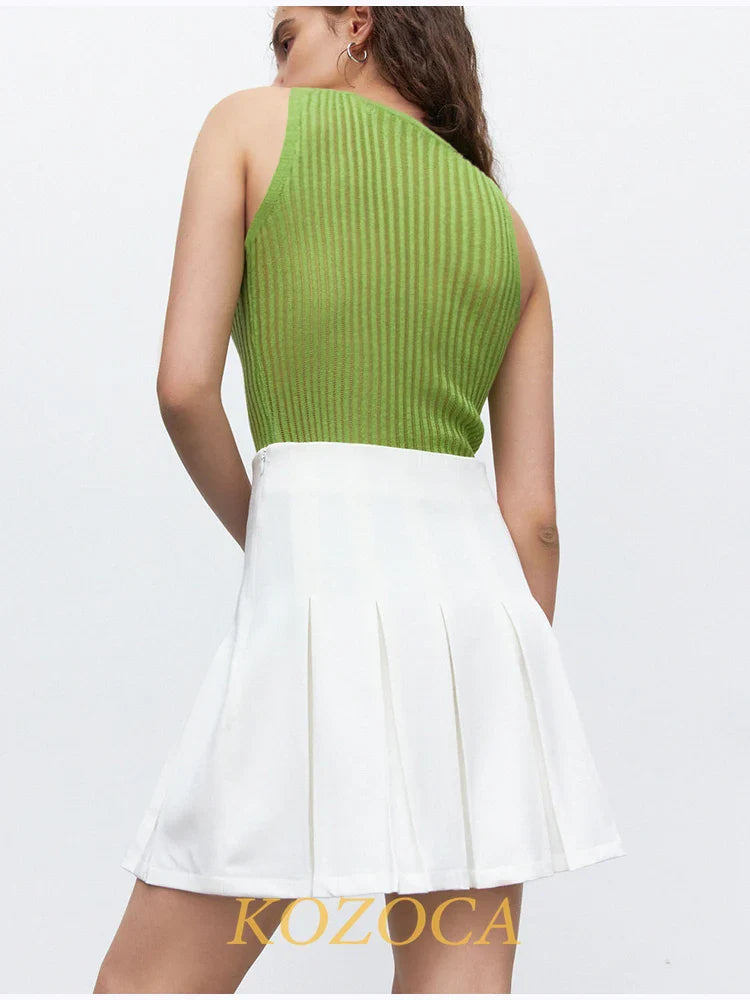 100% Wool Chic Solid Tanks Elegant Striped See Through Hollow Out Women Tops Sleeveless Elastic Tops Club Party Clothes
