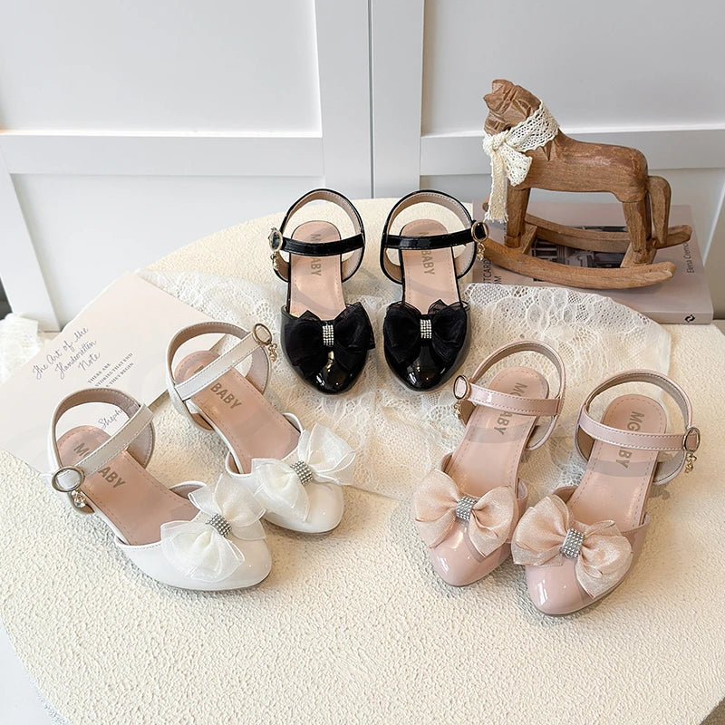 Girls Sandals Fashion Bow Girls High Heels Pink Kid Non-slip Princess Performance Shoes 3-18 Years Old Children's Leather Shoes