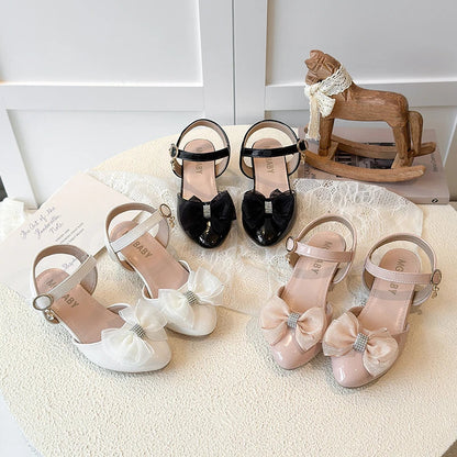 Girls Sandals Fashion Bow Girls High Heels Pink Kid Non-slip Princess Performance Shoes 3-18 Years Old Children's Leather Shoes
