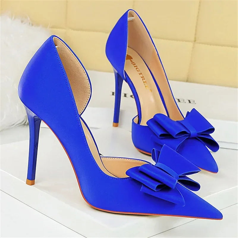 2024 Women 10.5cm High Heels Sweet Korean Side Hollow Pumps Lady Party Purple Green Kawaii Bowknot Heels Prom Silk Satin Shoes