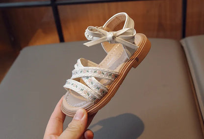 Summer Girls Sandals Fashion Embroider Flower Children Princess Shoes Open-toe Sweet Bowknot Kids Causal Flat Sandals Soft Soled