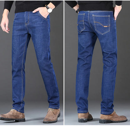 Men New Winter Classics Fleece Thick Warm Jeans Men's Loose Straight Elastic Denim Pants Casual Plush Trousers Large Size 28-40