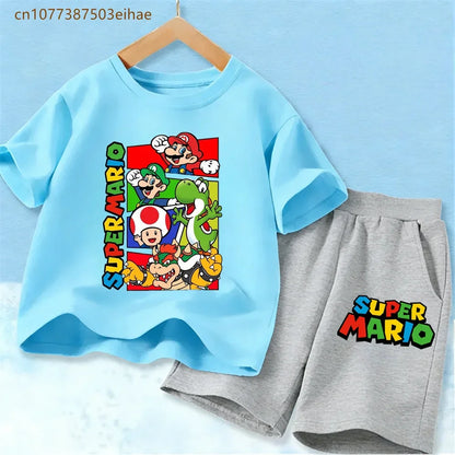 Lovely Mario Pattern Boys Girls Clothing Sets Soft Cotton Short Sleeve T Shirt + Casual Shorts 2PCS Summer Daily Wear Outfits