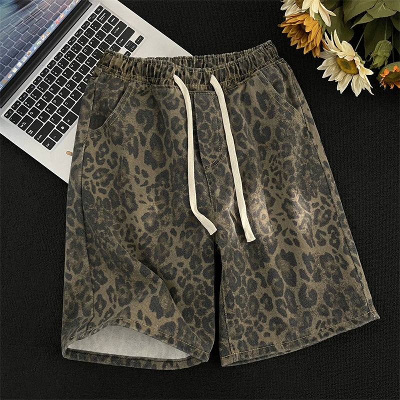 Men Leopard Denim Shorts Summer Thin American High Street Drawstring Casual Pants Loose Popular Versatile Handsome Trousers