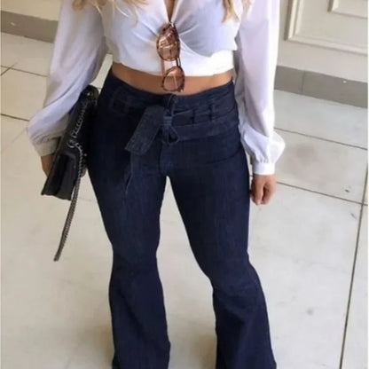 Calça Jeans Feminina Boca Larga com Zíper Bolsos Chapados Streetwear