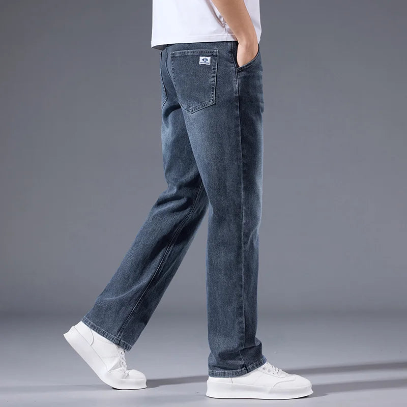 New Men's Light Business Micro Stretch Straight Fit Denim Pants Vintage Distressed All Season Wearable Long Pants