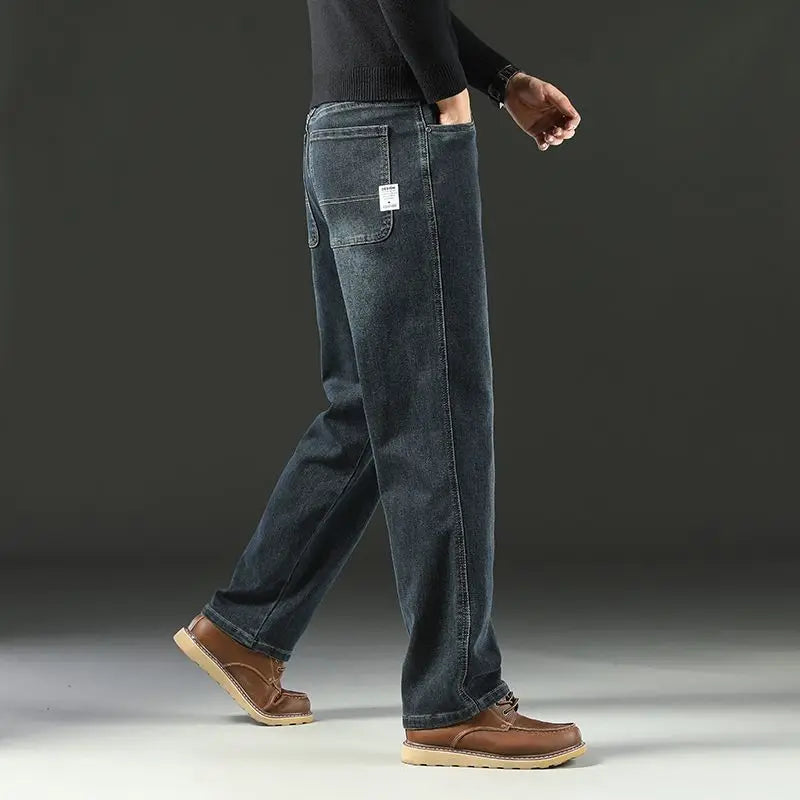 Men's Spring Autumn Soft Baggy Jeans Casual Straight Stretch Wide-Leg Business Denim Pants Versatile Comfortable Loose Trousers