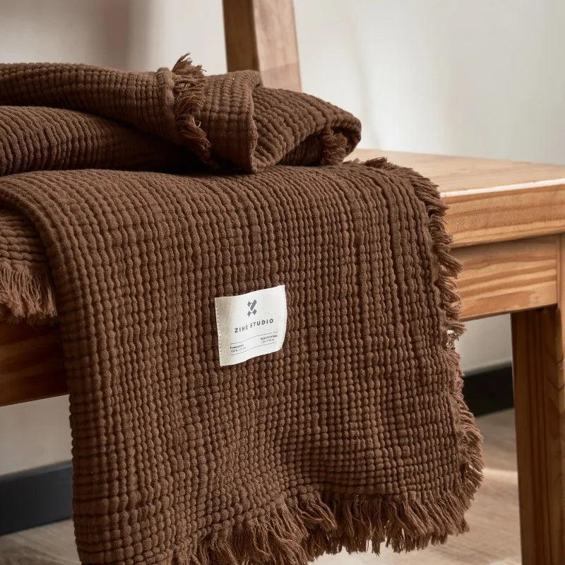 Maillard Cotton Blankets Four Layers Of Gauze Sofa Cover Blanket With Tassel AB Side Office Nap Decorative Bed Muslin Blanket